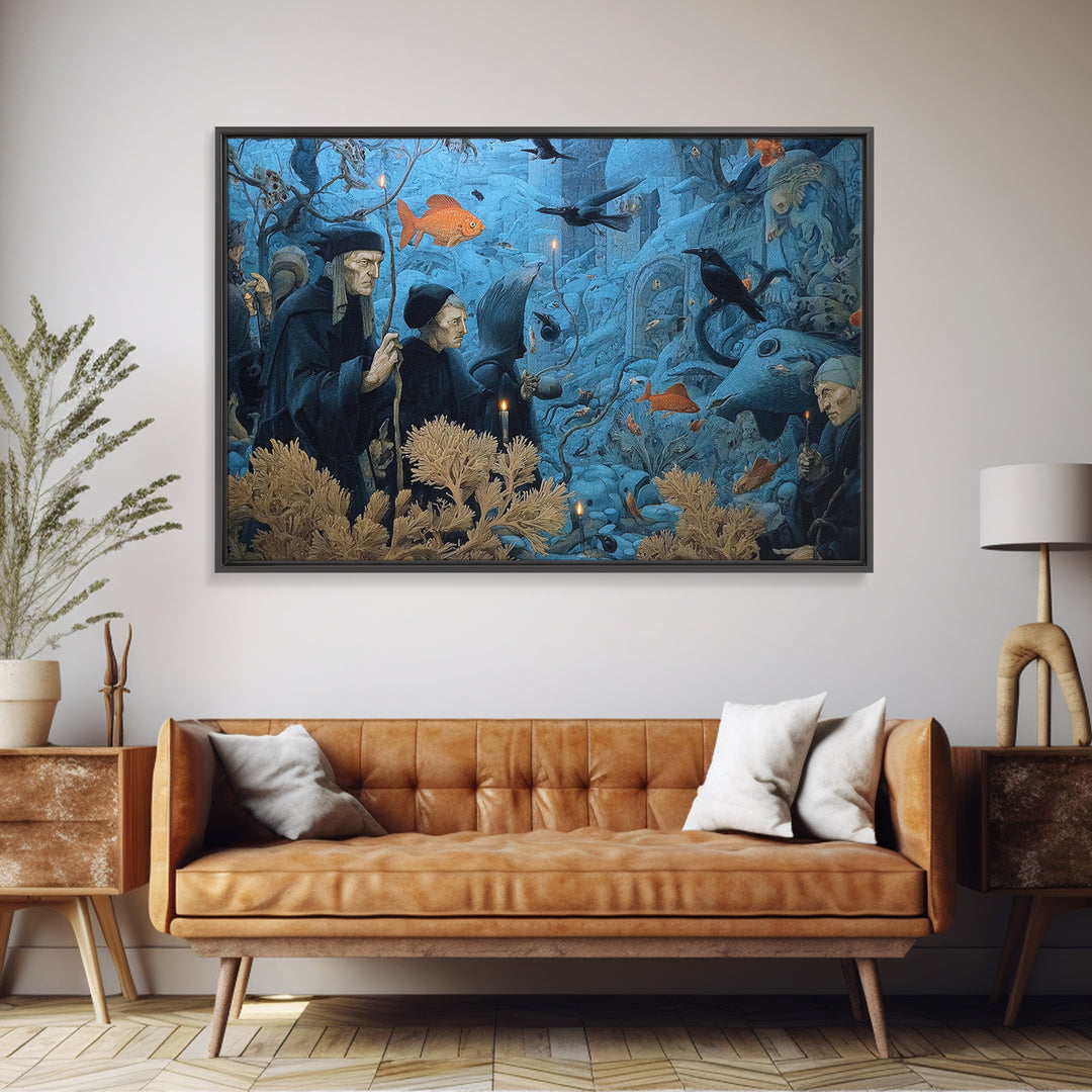 The Underwater Graveyard, Medieval Grotesque Art, Landscape Wall Art, Dark Halloween Decor, Framed Canvas Print, Halloween Wall Art