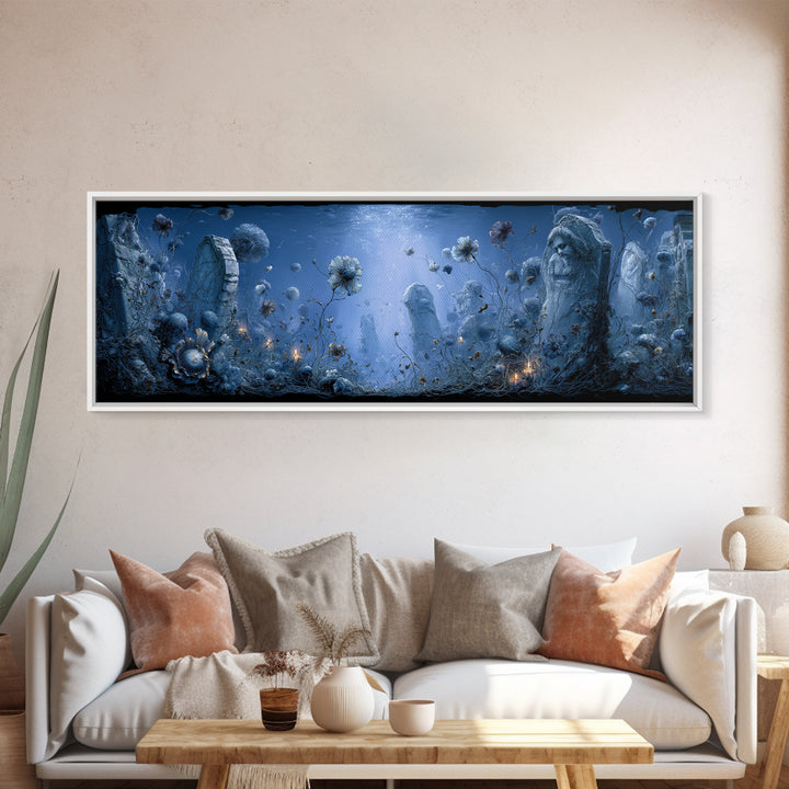 The Underwater Graveyard, Symbolist Dream Art, Extra Wide Wall Art, Dark Halloween Decor, Canvas Print, Halloween Wall Art