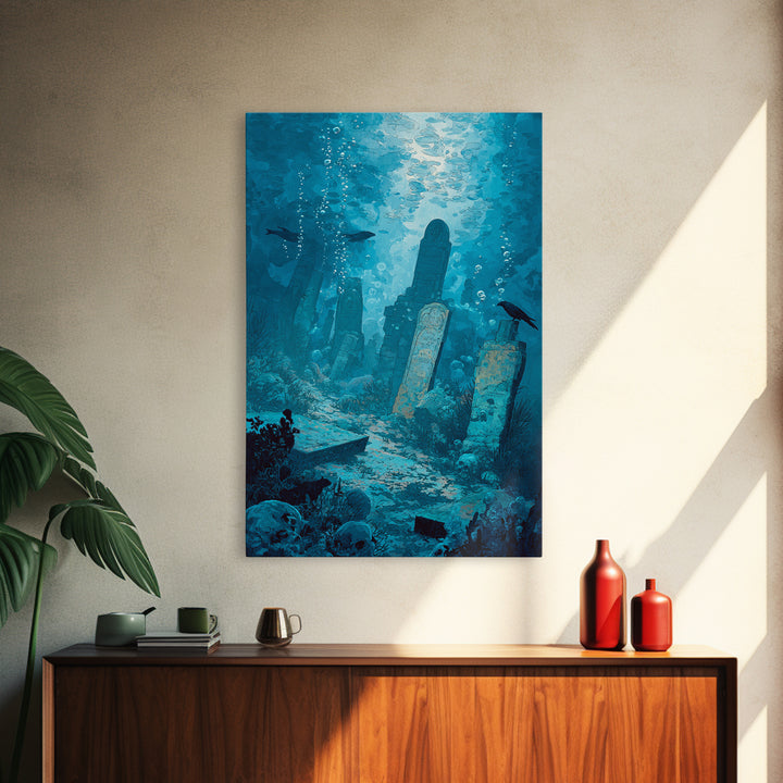 The Underwater Graveyard, Decadent Gothic Art, Vertical Wall Art, Gothic Horror Wall Art, Framed Canvas Print, Halloween Wall Art