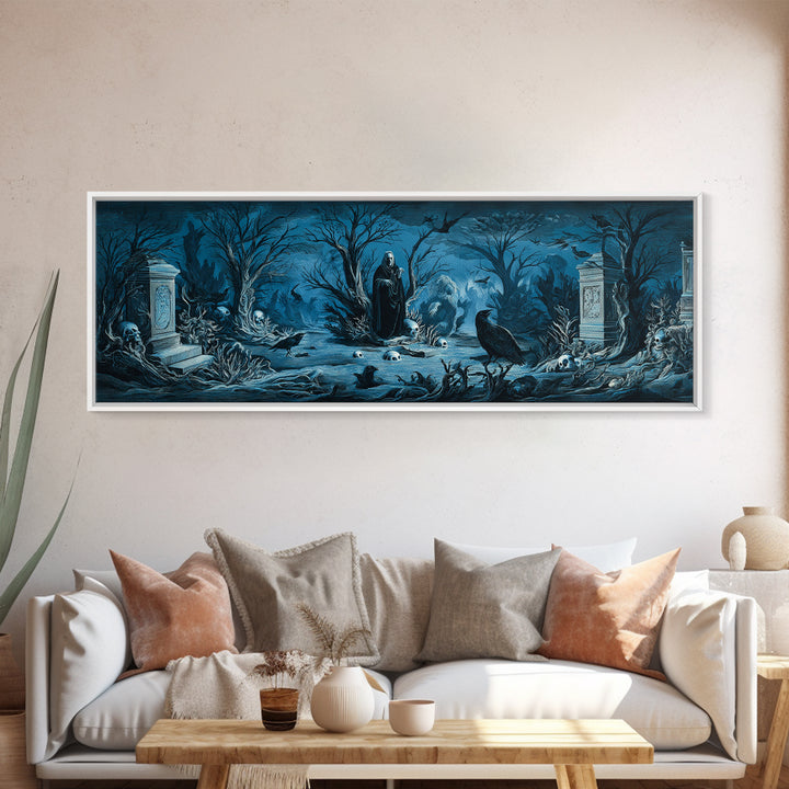 The Underwater Graveyard, Symbolist Etching Art, Extra Wide Wall Art, Macabre Wall Art, Canvas Print, Halloween Wall Art
