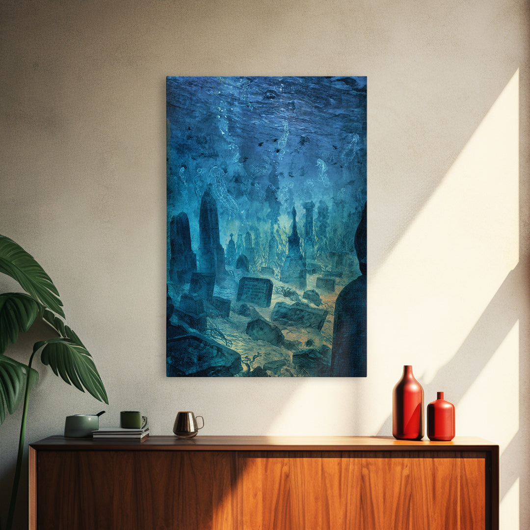 The Underwater Graveyard, Expressionist Gothic Art, Vertical Wall Art, Dark Fantasy Wall Art, Framed Canvas Print, Halloween Wall Art