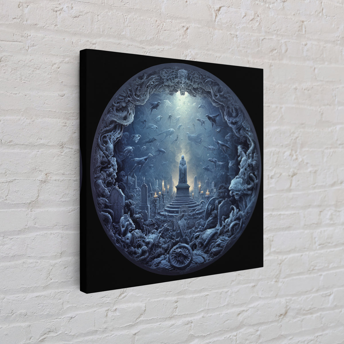 The Underwater Graveyard, Biomechanical Horror Art, Square Wall Art, Dark Fantasy Wall Art, Framed Canvas Print, Halloween Wall Art