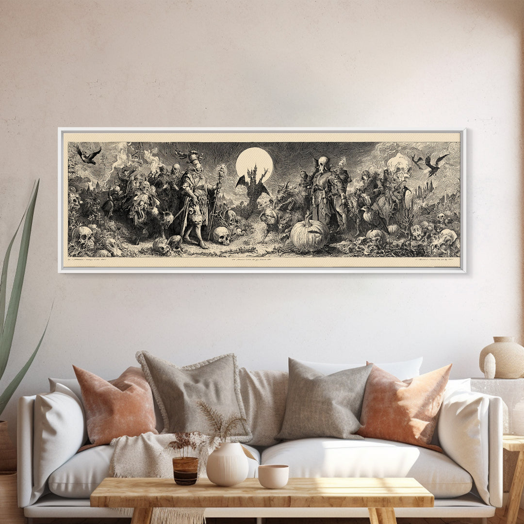 Desert Halloween, Renaissance Engraving Art, Extra Wide Wall Art, Macabre Wall Art, Framed Canvas Print, Halloween Wall Art