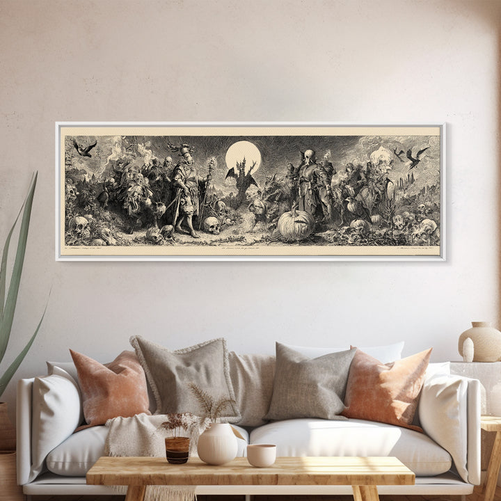 Desert Halloween, Renaissance Engraving Art, Extra Wide Wall Art, Macabre Wall Art, Framed Canvas Print, Halloween Wall Art
