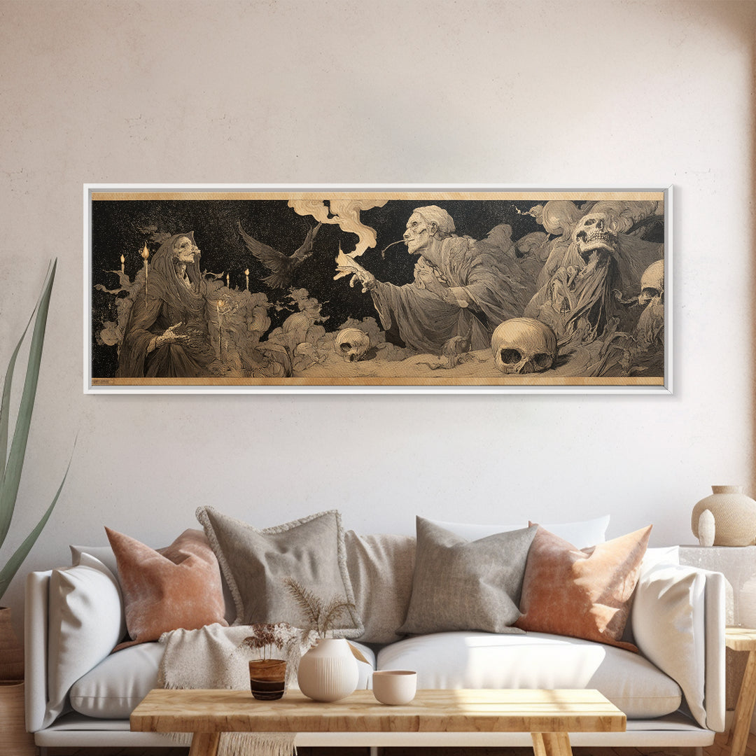 Desert Halloween, Symbolist Etching Art, Extra Wide Wall Art, Dark Halloween Decor, Canvas Print, Halloween Wall Art, Dark Fantasy Art