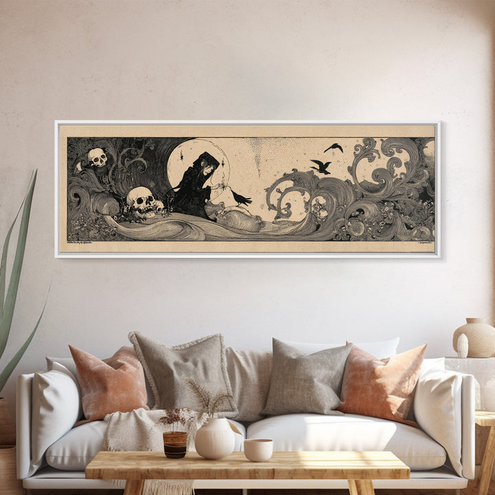 Desert Halloween, Decadent Line Art, Extra Wide Wall Art, Macabre Wall Art, Framed Canvas Print, Halloween Wall Art