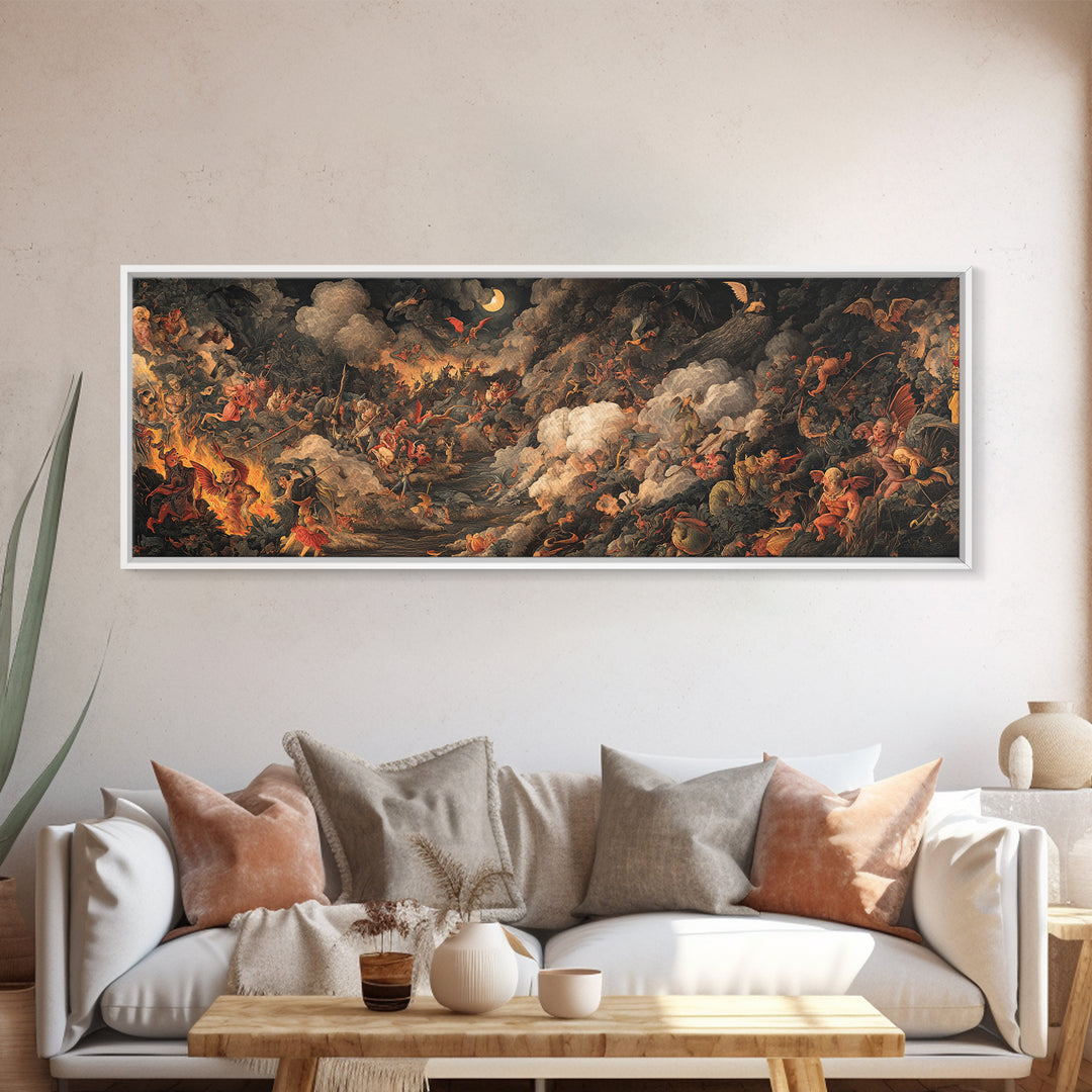 The Volcanic Demon Festival, Medieval Grotesque Art, Extra Wide Wall Art, Dark Halloween Decor, Framed Canvas Print