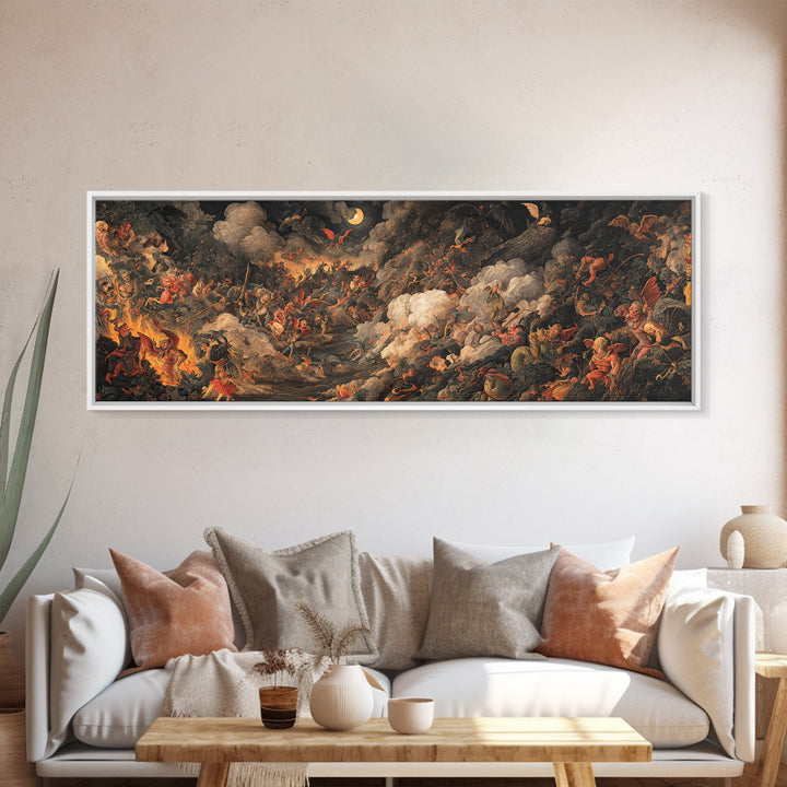 The Volcanic Demon Festival, Medieval Grotesque Art, Extra Wide Wall Art, Dark Halloween Decor, Framed Canvas Print
