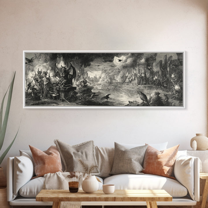 The Volcanic Demon Festival, Renaissance Engraving Art, Extra Wide Wall Art, Dark Halloween Decor, Canvas Print, Halloween Wall Art