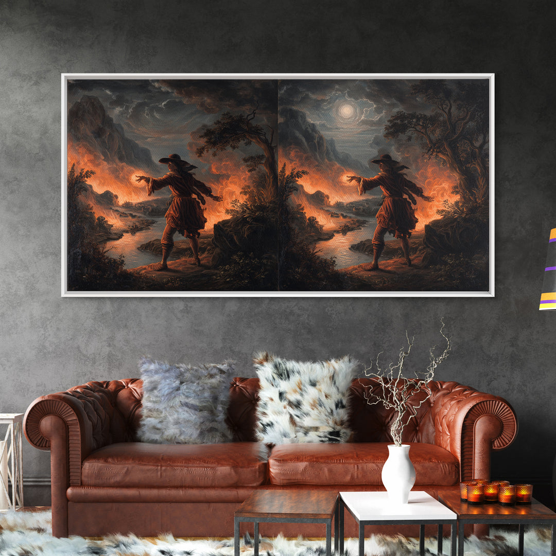 The Volcanic Demon Festival, Baroque Witchcraft Art, Wide Panoramic Art, Gothic Horror Wall Art, Framed Canvas Print, Halloween Wall Art