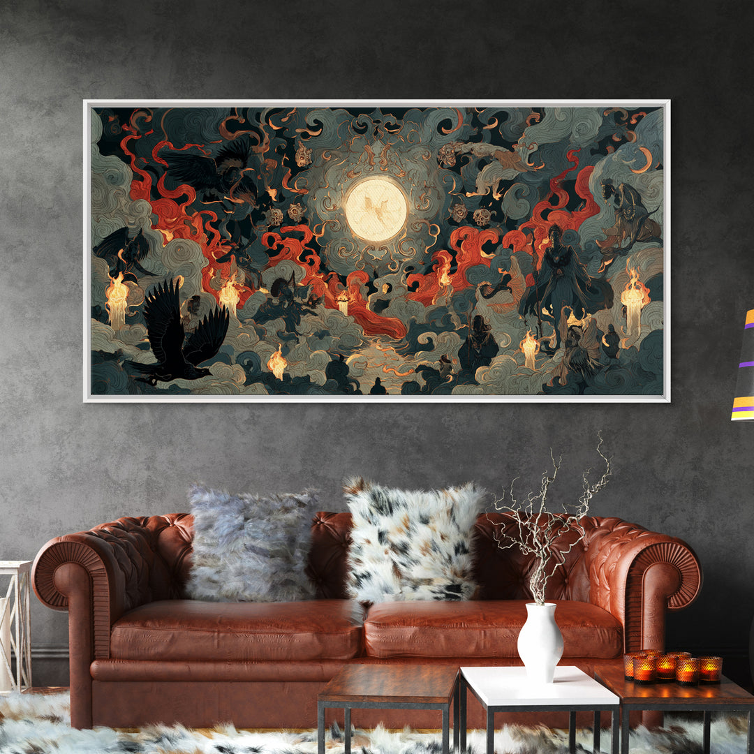 The Volcanic Demon Festival, Visionary Gothic Art, Wide Panoramic Art, Macabre Wall Art, Framed Canvas Print, Halloween Wall Art