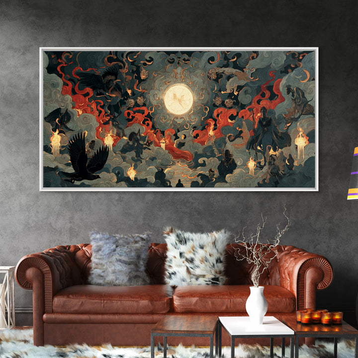 The Volcanic Demon Festival, Visionary Gothic Art, Wide Panoramic Art, Macabre Wall Art, Framed Canvas Print, Halloween Wall Art