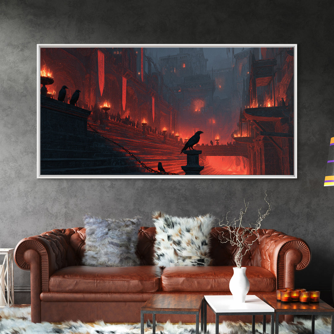 The Volcanic Demon Festival, Architectural Etching Art, Wide Panoramic Art, Gothic Horror Wall Art, Canvas Print