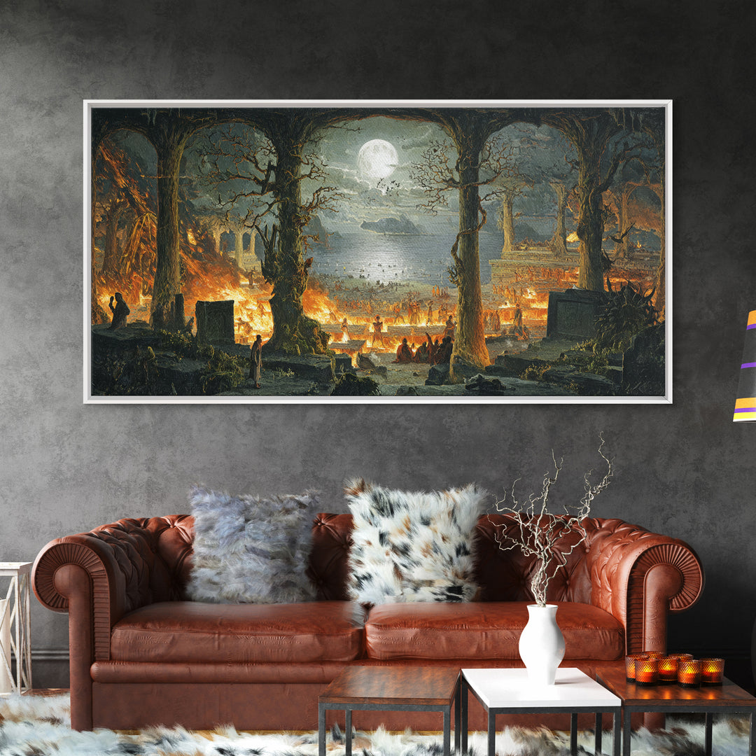 The Volcanic Demon Festival, Romantic Gothic Landscape, Wide Panoramic Art, Dark Halloween Decor, Canvas Print, Halloween Wall Art
