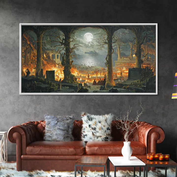 The Volcanic Demon Festival, Romantic Gothic Landscape, Wide Panoramic Art, Dark Halloween Decor, Canvas Print, Halloween Wall Art