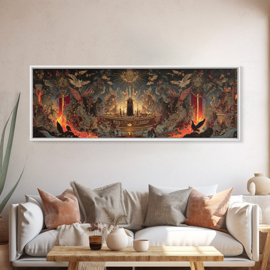 The Volcanic Demon Festival, Ornate Symbolist Art, Extra Wide Wall Art, Dark Halloween Decor, Canvas Print, Halloween Wall Art