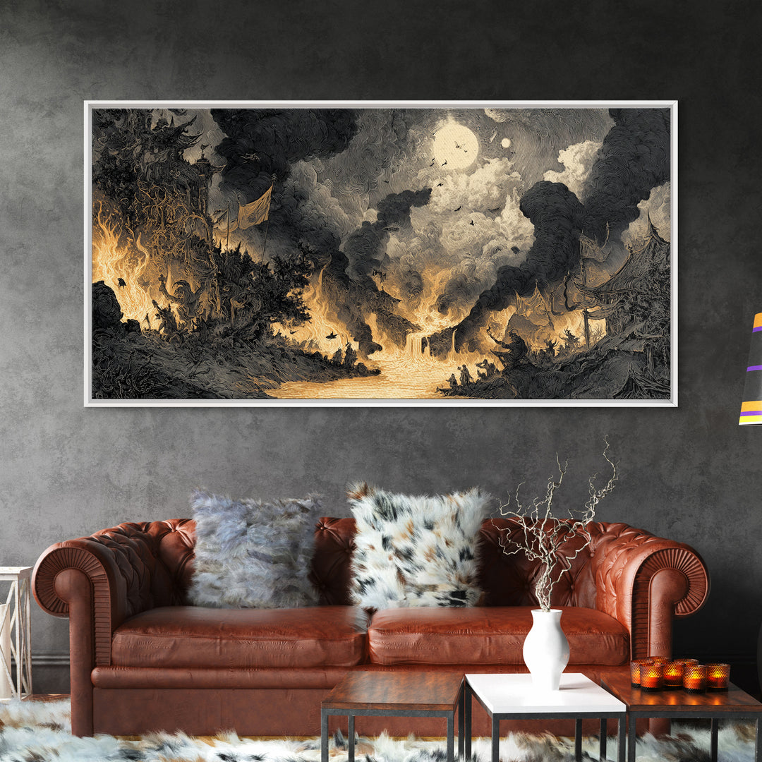 The Volcanic Demon Festival, Expressionist Nightmare Art, Wide Panoramic Art, Dark Halloween Decor, Canvas Print, Halloween Wall Art
