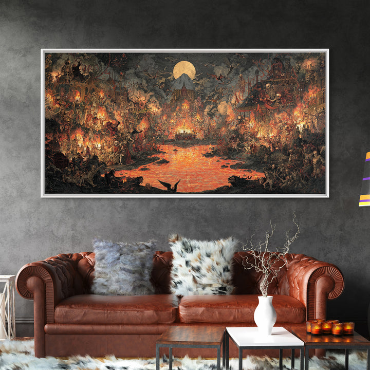 The Volcanic Demon Festival, Grotesque Carnival Art, Wide Panoramic Art, Dark Fantasy Wall Art, Framed Canvas Print, Halloween Wall Art