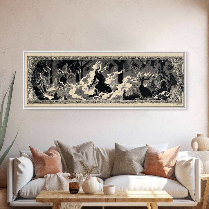 The Volcanic Demon Festival, Decadent Line Art, Extra Wide Wall Art, Dark Halloween Decor, Framed Canvas Print