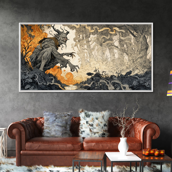 The Volcanic Demon Festival, Gothic Storybook Art, Wide Panoramic Art, Macabre Wall Art, Canvas Print, Halloween Wall Art