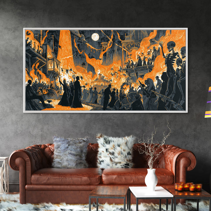 The Volcanic Demon Festival, Macabre Folk Print Art, Wide Panoramic Art, Dark Fantasy Wall Art, Framed Canvas Print