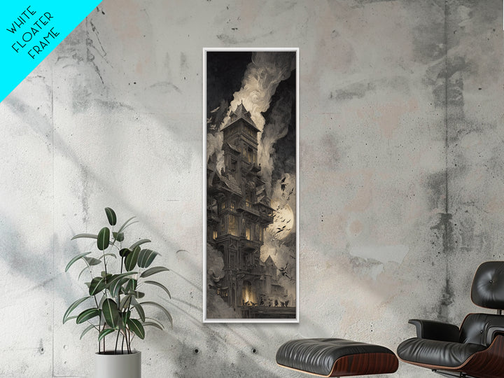 The Clockwork Haunted House, Gothic Engraving Art, Tall Narrow Wall Art, Dark Fantasy Wall Art, Canvas Print, Halloween Wall Art