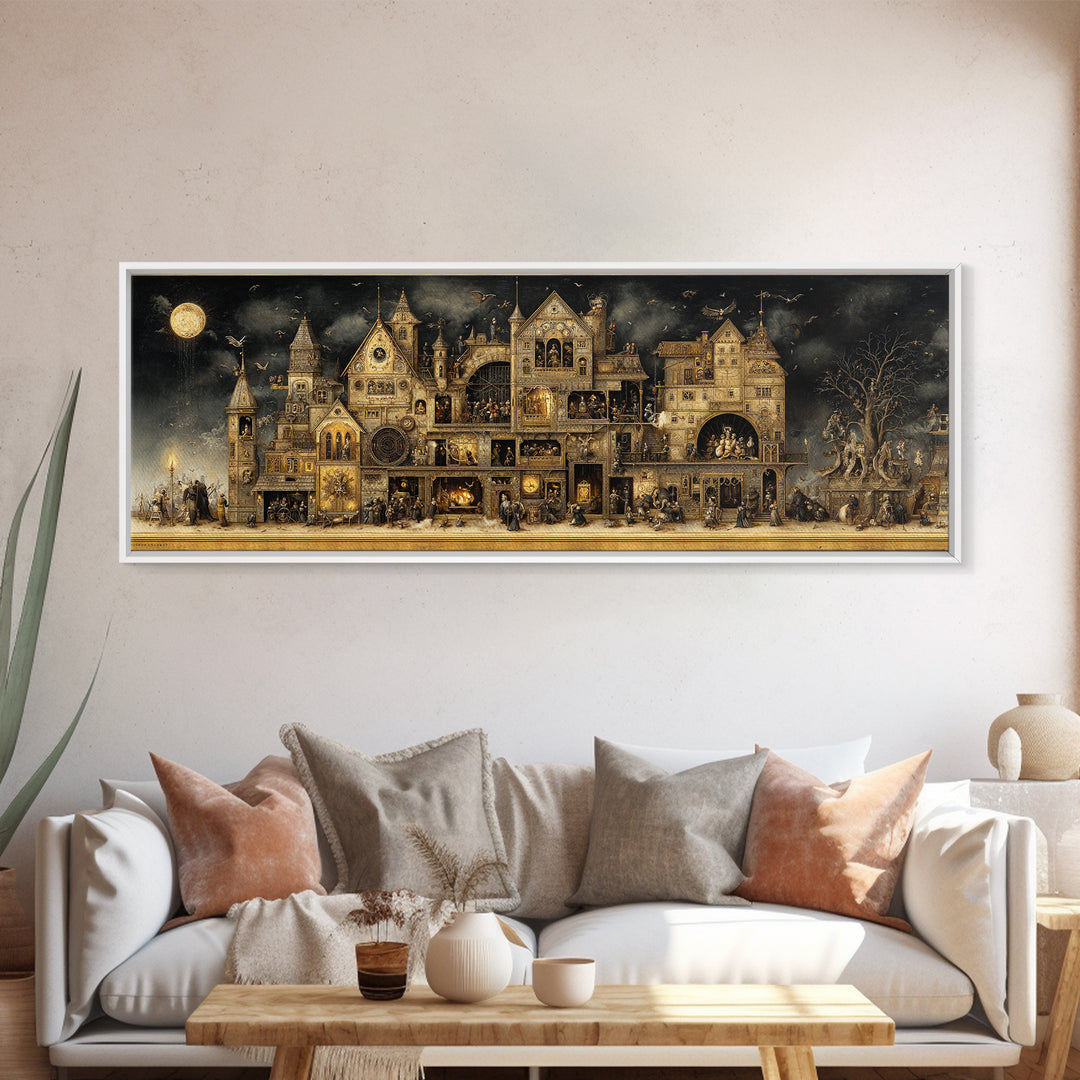 The Clockwork Haunted House, Medieval Grotesque Art, Extra Wide Wall Art, Gothic Horror Wall Art, Canvas Print, Halloween Wall Art
