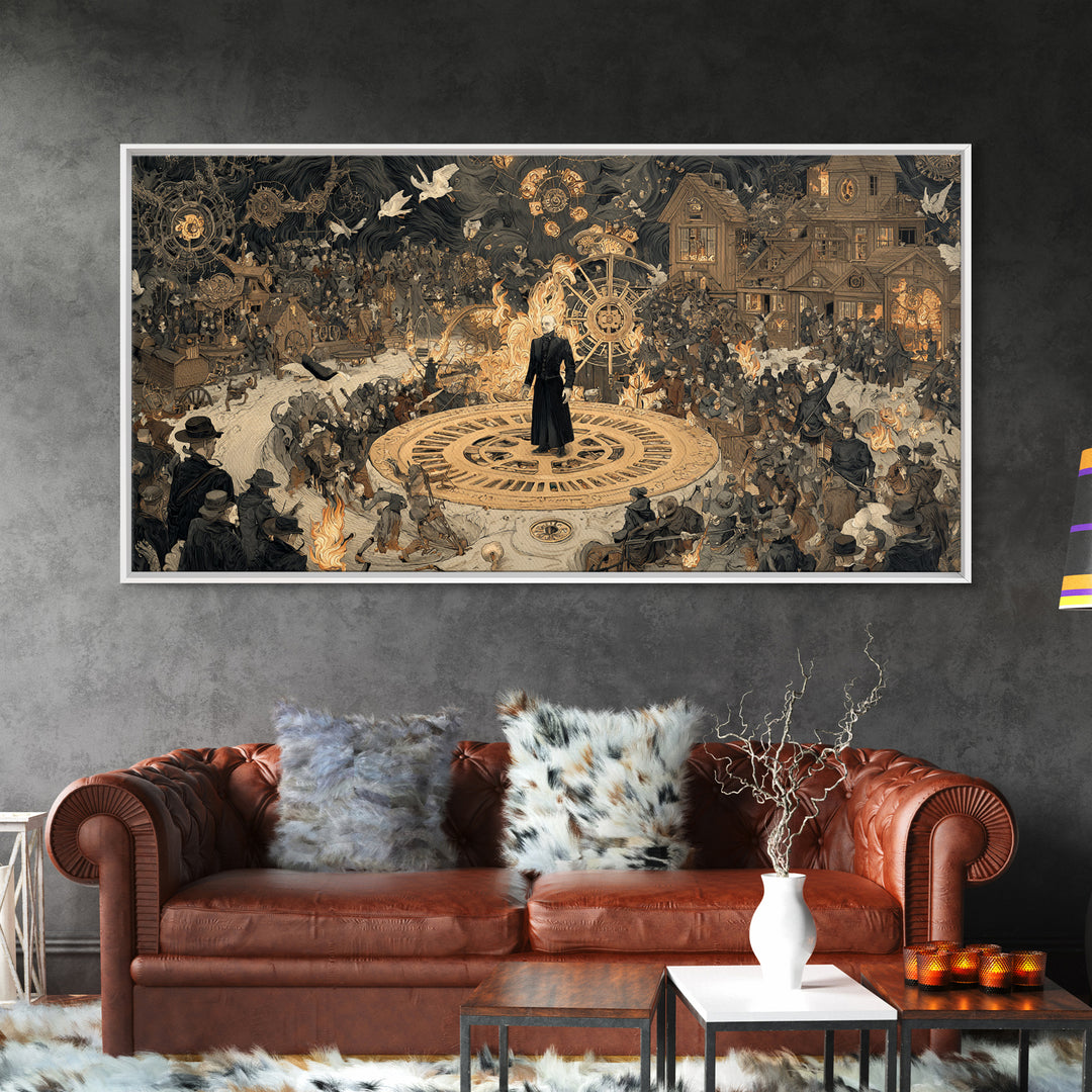 The Clockwork Haunted House, Northern Renaissance Horror, Wide Panoramic Art, Macabre Wall Art, Framed Canvas Print
