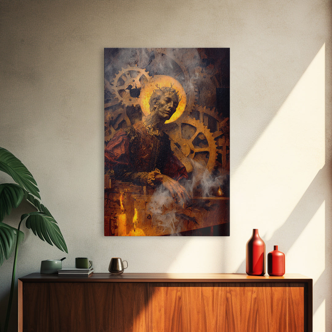 The Clockwork Haunted House, Dark Renaissance Art, Vertical Wall Art, Dark Fantasy Wall Art, Framed Canvas Print, Halloween Decor