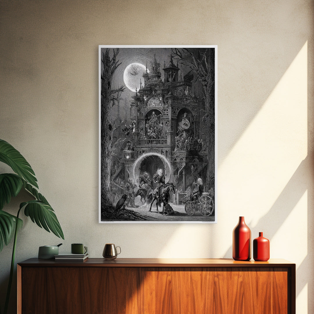 The Clockwork Haunted House, Renaissance Engraving Art, Vertical Wall Art, Macabre Wall Art, Framed Canvas Print, Halloween Wall Art