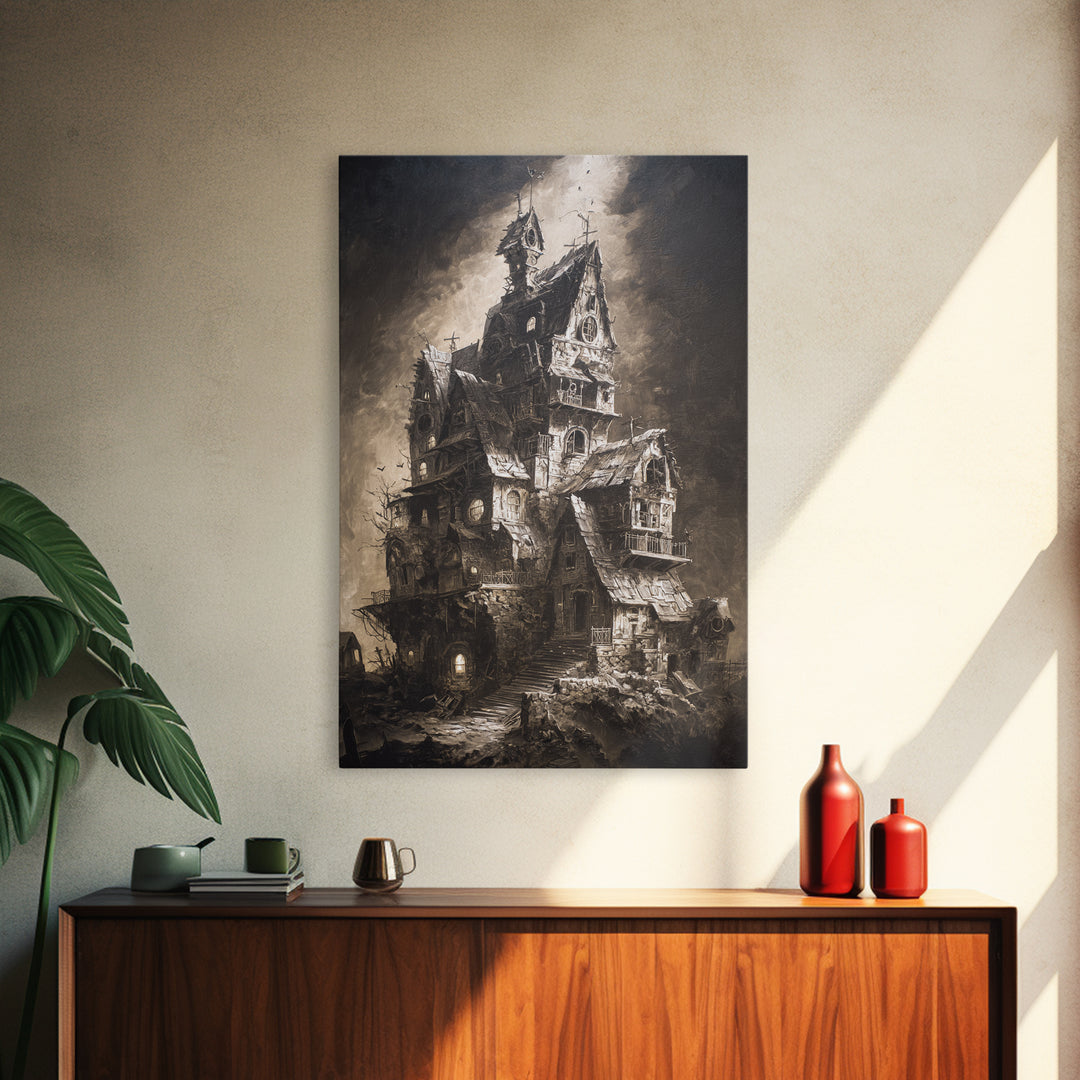 The Clockwork Haunted House, Dark Romantic Horror Art, Vertical Wall Art, Dark Fantasy Wall Art, Canvas Print, Halloween Wall Art