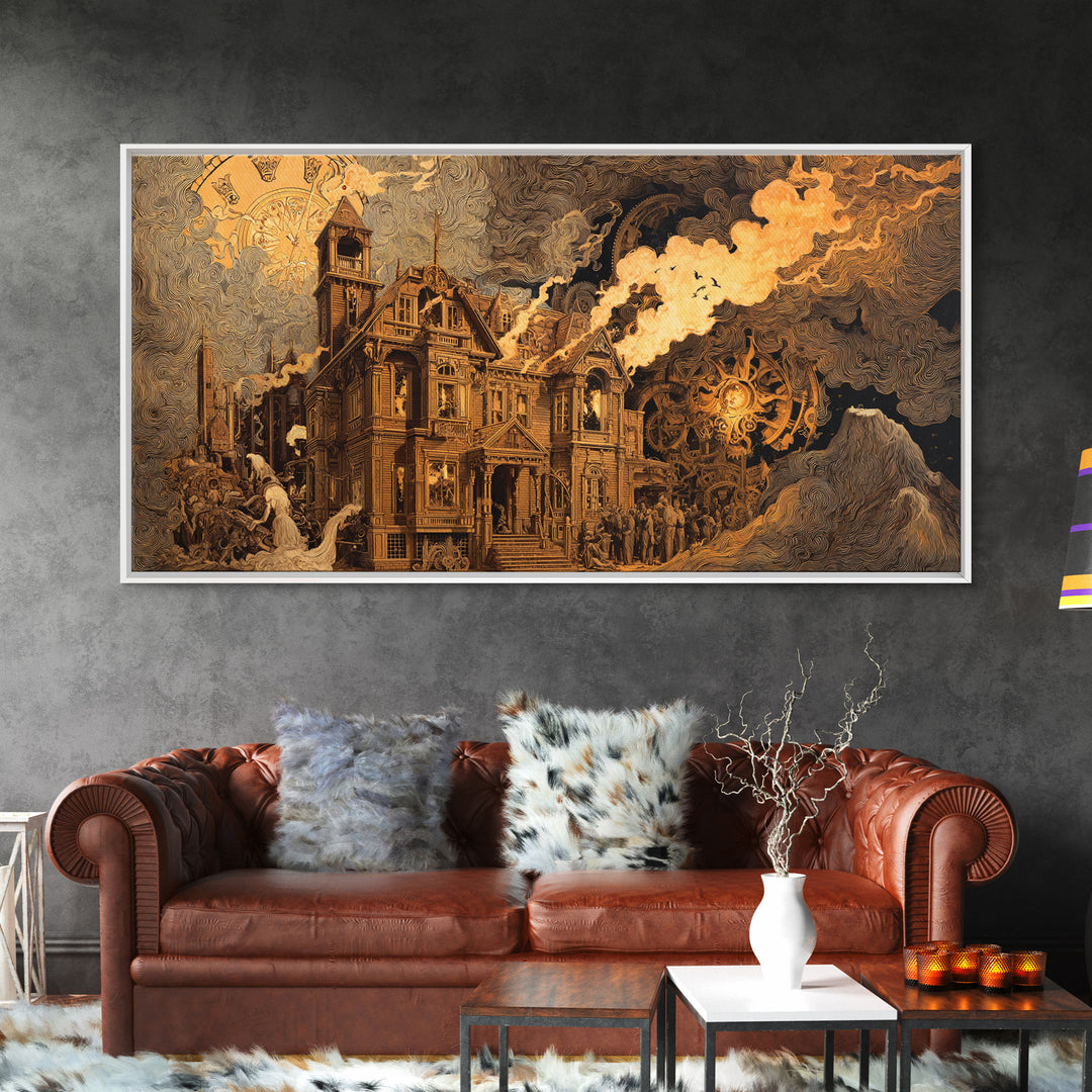 The Clockwork Haunted House, Apocalyptic Romantic Art, Wide Panoramic Art, Gothic Horror Wall Art, Canvas Print, Halloween Wall Art