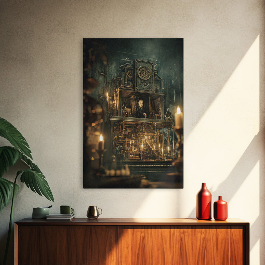 The Clockwork Haunted House, Ornate Symbolist Art, Vertical Wall Art, Dark Halloween Decor, Framed Canvas Print, Halloween Wall Art