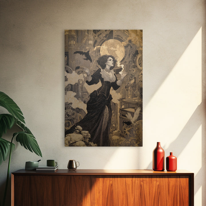 The Clockwork Haunted House, Symbolist Death Art, Vertical Wall Art, Gothic Horror Wall Art, Framed Canvas Print, Halloween Wall Art