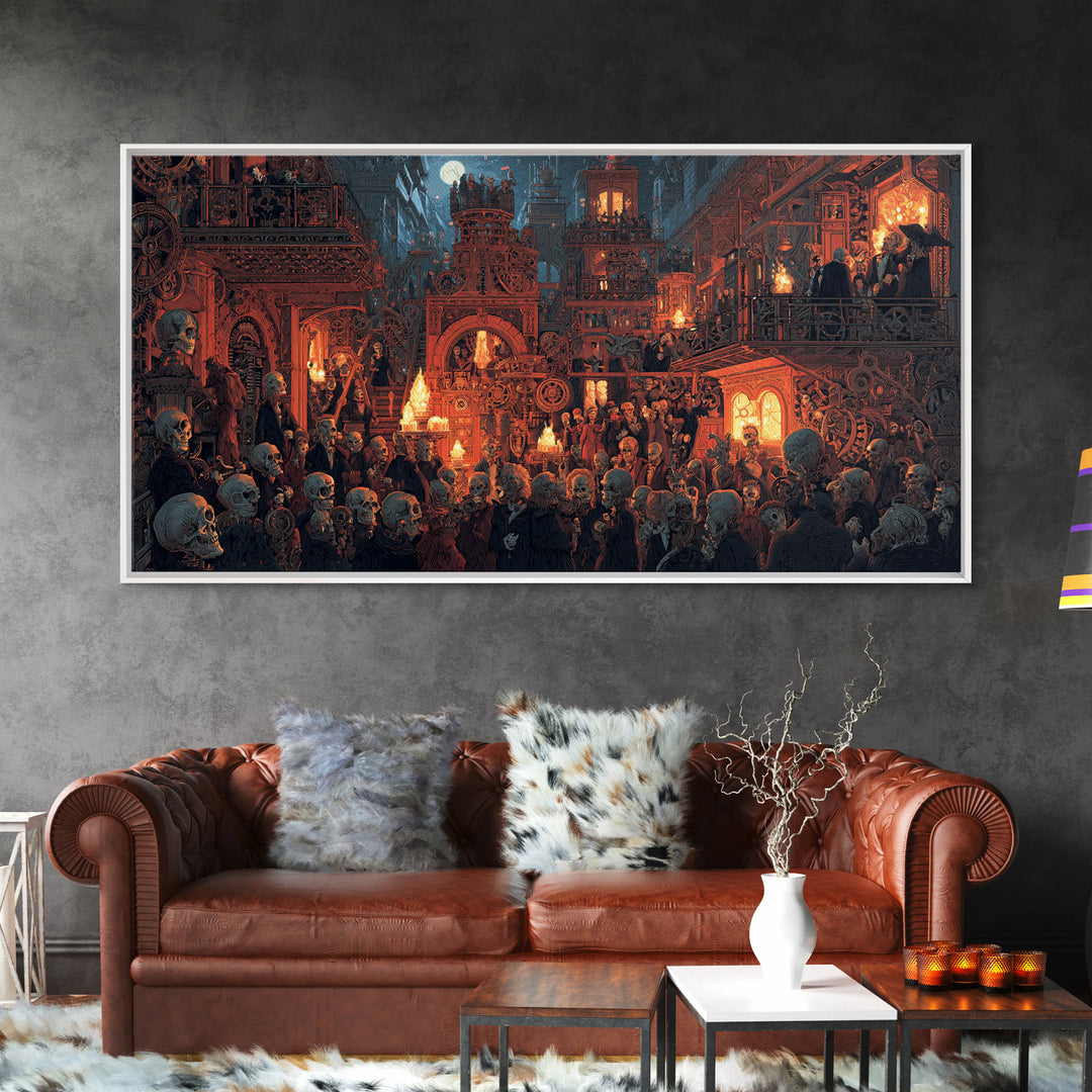 The Clockwork Haunted House, Grotesque Carnival Art, Wide Panoramic Art, Gothic Horror Wall Art, Canvas Print, Halloween Wall Art