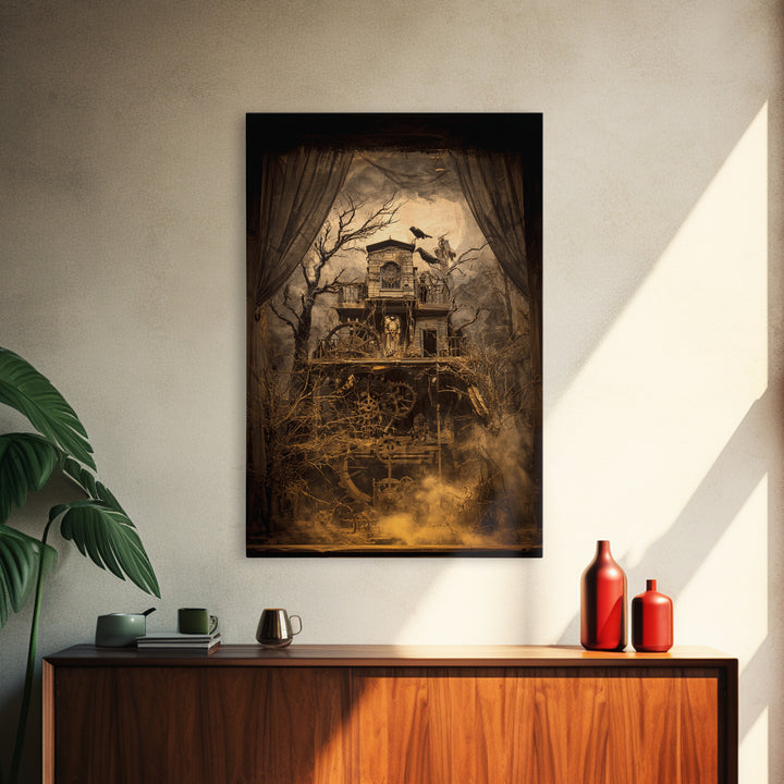 The Clockwork Haunted House, Expressionist Gothic Art, Vertical Wall Art, Dark Fantasy Wall Art, Framed Canvas Print, Halloween Wall Art