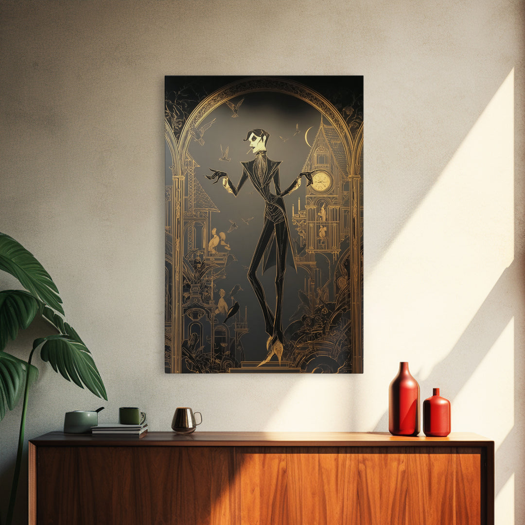 The Clockwork Haunted House, Decadent Line Art, Vertical Wall Art, Gothic Horror Wall Art, Framed Canvas Print
