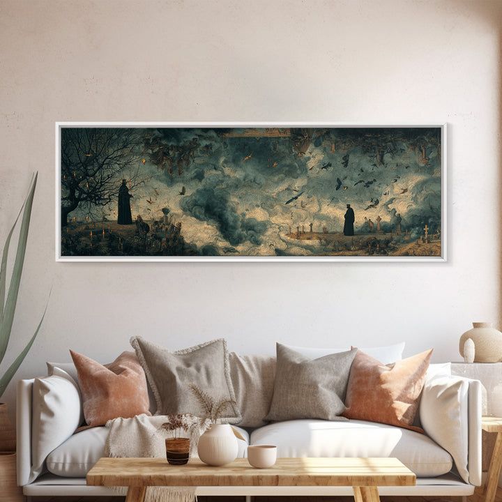 The Upside-Down Cemetery, Medieval Grotesque Art, Extra Wide Wall Art, Macabre Wall Art, Canvas Print, Halloween Wall Art