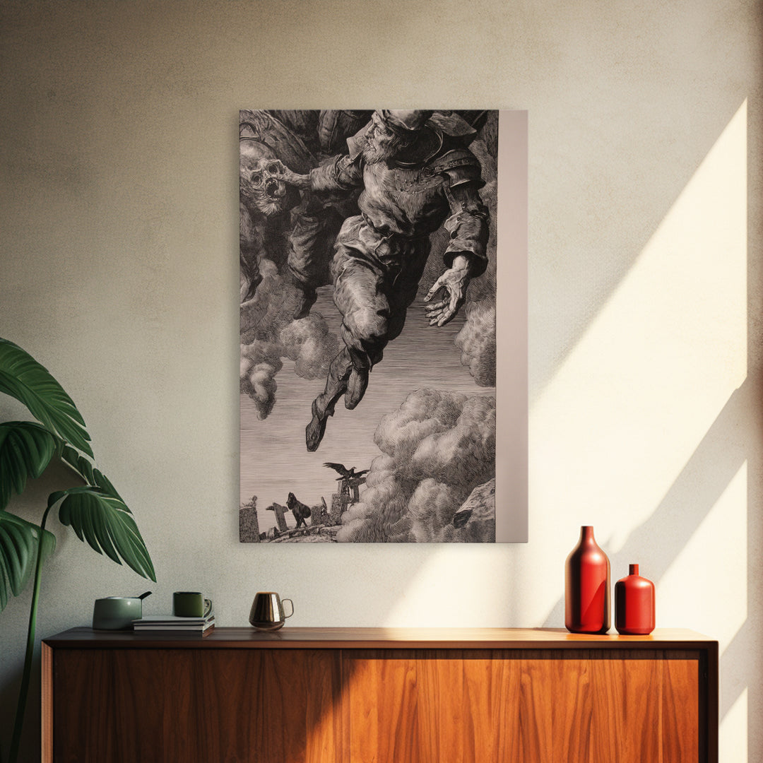 The Upside-Down Cemetery, Renaissance Engraving Art, Vertical Wall Art, Macabre Wall Art, Framed Canvas Print, Halloween Wall Art