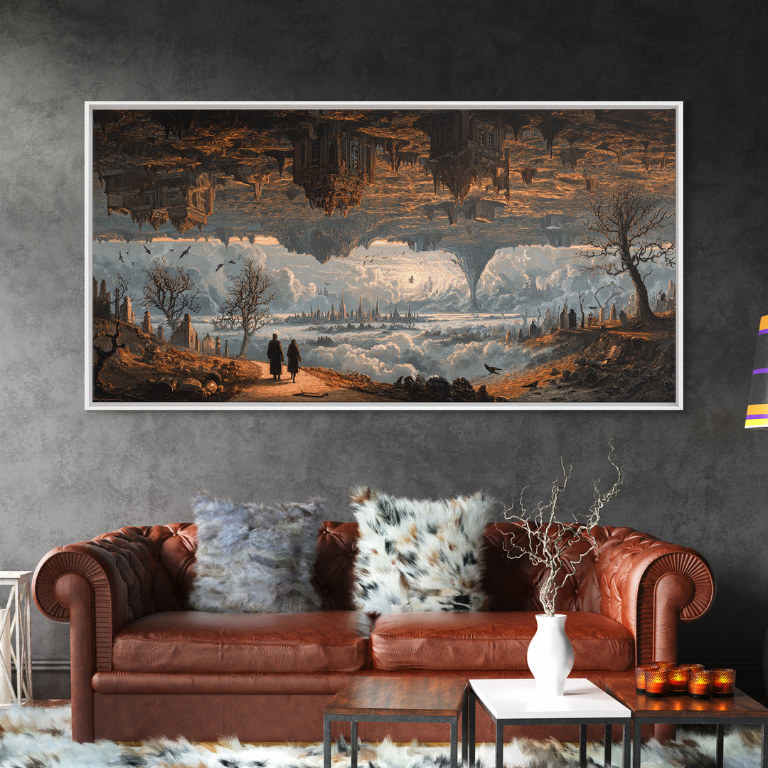 The Upside-Down Cemetery, Apocalyptic Romantic Art, Wide Panoramic Art, Macabre Wall Art, Framed Canvas Print, Halloween Wall Art