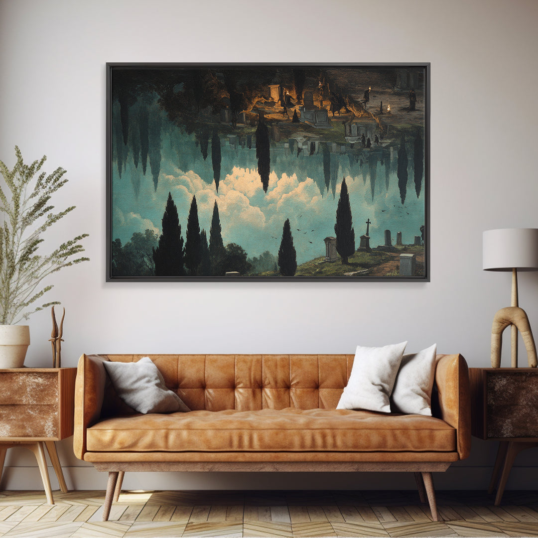 The Upside-Down Cemetery, Symbolist Gothic Landscape, Landscape Wall Art, Dark Halloween Decor, Canvas Print, Halloween Wall Art