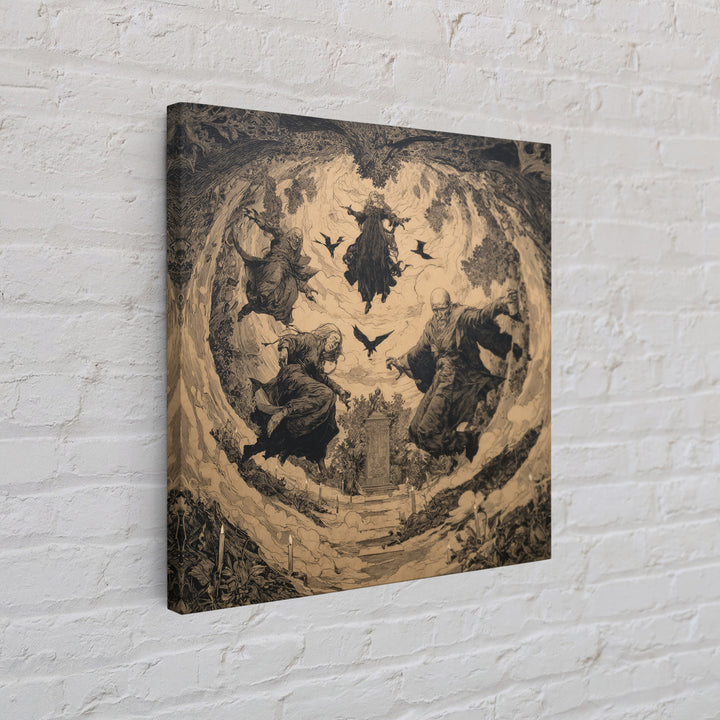 The Upside-Down Cemetery, Symbolist Etching Art, Square Wall Art, Gothic Horror Wall Art, Canvas Print, Halloween Wall Art