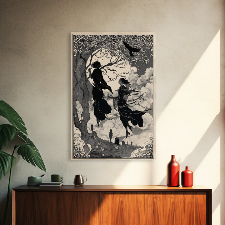 The Upside-Down Cemetery, Decadent Line Art, Vertical Wall Art, Dark Halloween Decor, Canvas Print, Halloween Wall Art