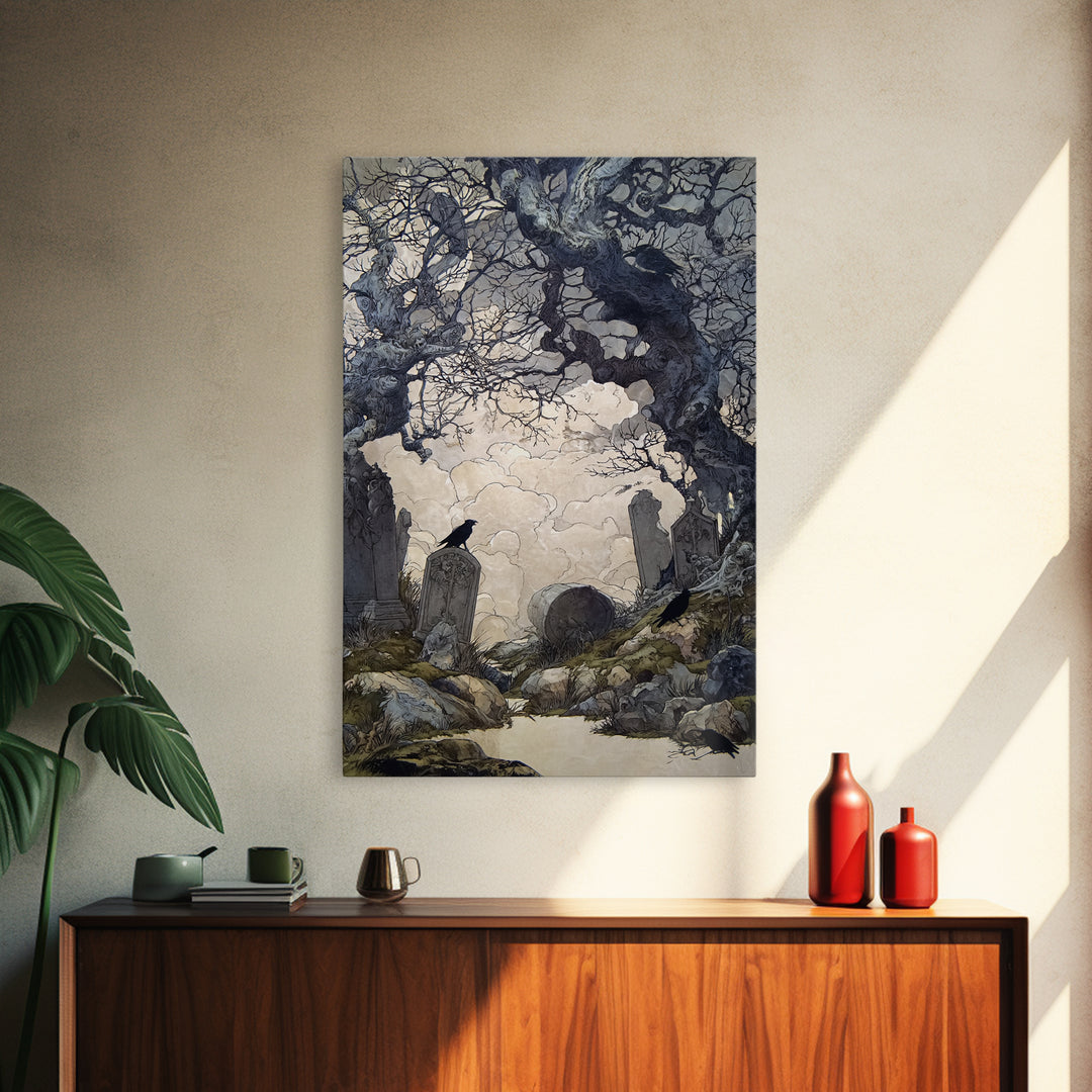 The Upside-Down Cemetery, Gothic Storybook Art, Vertical Wall Art, Dark Fantasy Wall Art, Canvas Print, Halloween Wall Art