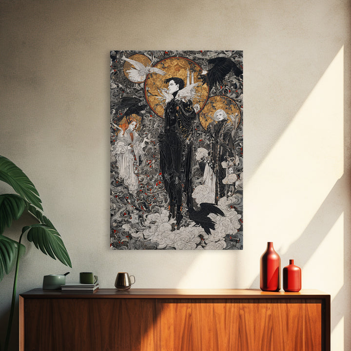 The Upside-Down Cemetery, Stained Glass Gothic Art, Vertical Wall Art, Dark Halloween Decor, Framed Canvas Print, Halloween Wall Art