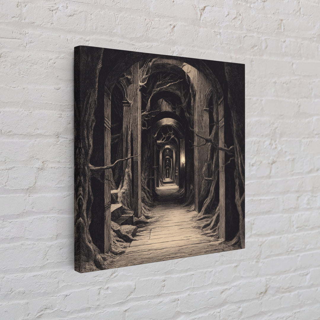 The Infinite Hallway, Expressionist Nightmare Art, Square Wall Art, Macabre Wall Art, Framed Canvas Print, Halloween Wall Art