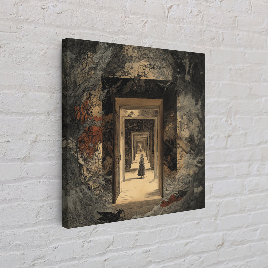 The Infinite Hallway, Gothic Storybook Art, Square Wall Art, Dark Fantasy Wall Art, Canvas Print, Halloween Wall Art