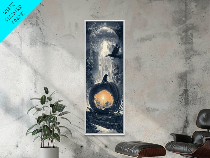The Moon Inside A Pumpkin, Gothic Engraving Art, Tall Narrow Wall Art, Macabre Wall Art, Framed Canvas Print, Halloween Wall Art
