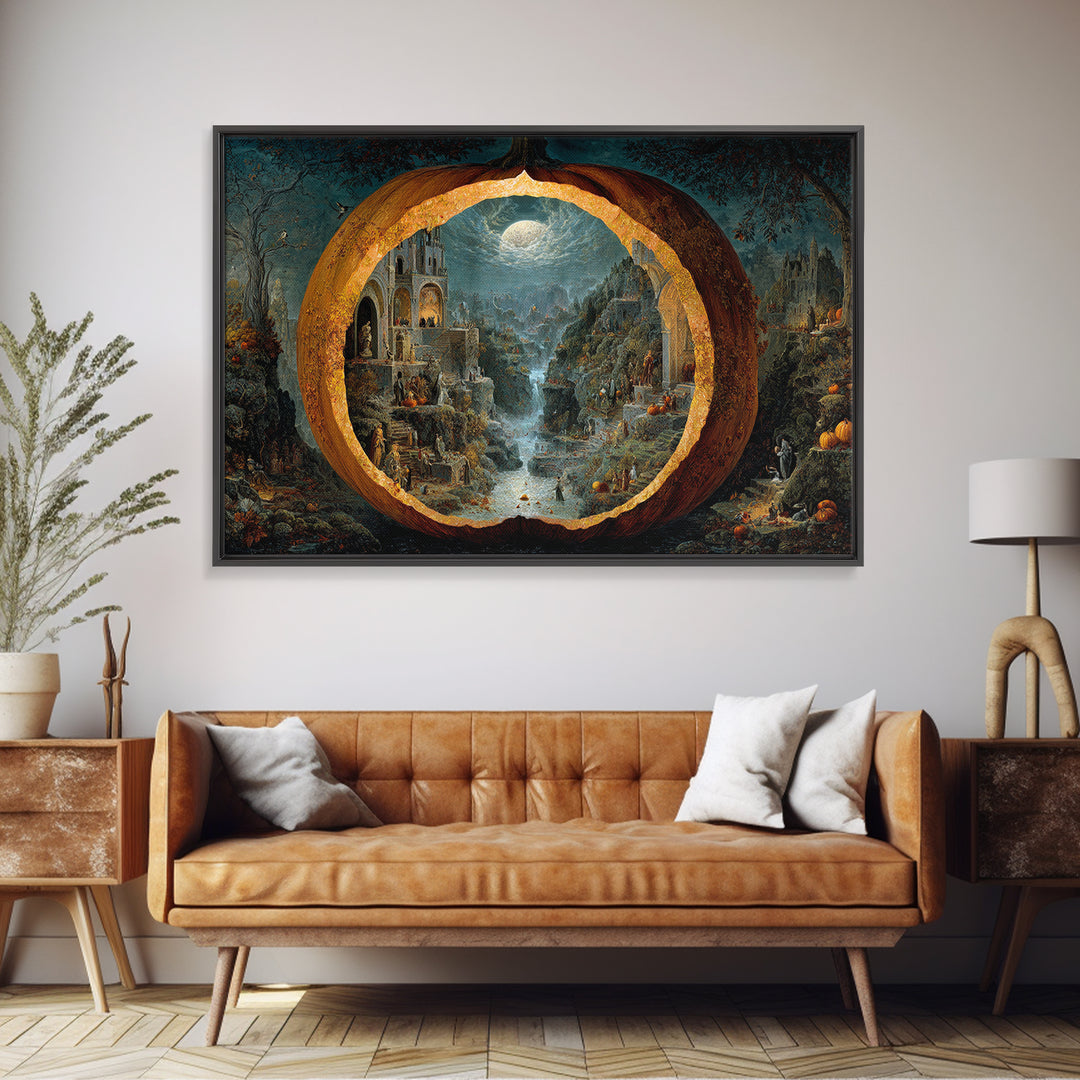 The Moon Inside A Pumpkin, Medieval Grotesque Art, Landscape Wall Art, Macabre Wall Art, Framed Canvas Print, Halloween Wall Art