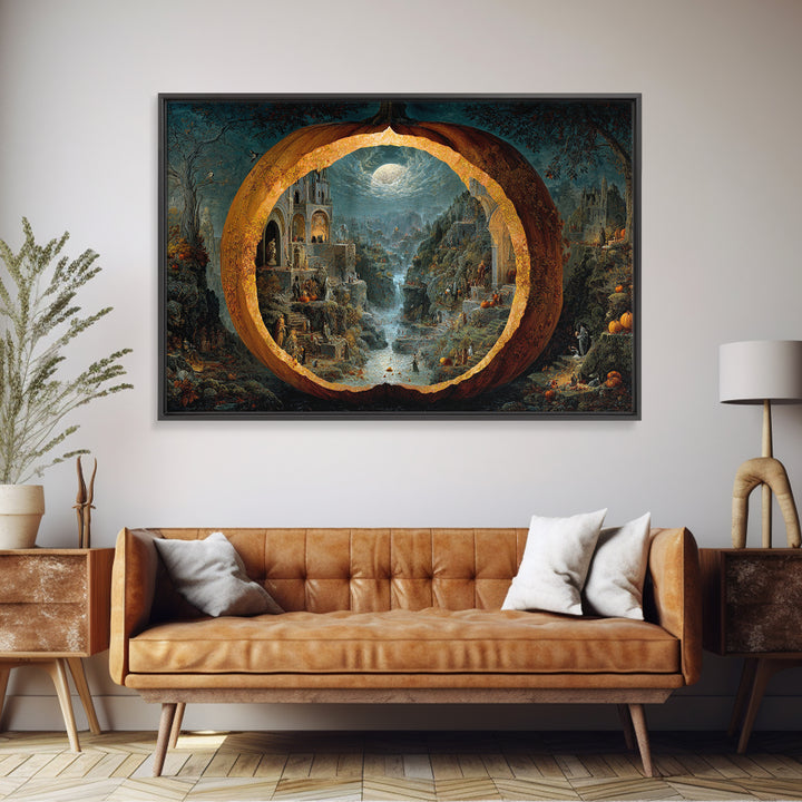 The Moon Inside A Pumpkin, Medieval Grotesque Art, Landscape Wall Art, Macabre Wall Art, Framed Canvas Print, Halloween Wall Art